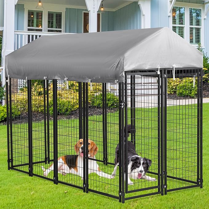 FDW 8 x 4 x 6 Ft Dog Kennel Outdoor Welded Wire Heavy Duty Playpen Dog Crate Cage with Waterproof Cover Roof and UV Resistant Pet Kennel Fence with Secure Lock, Black
