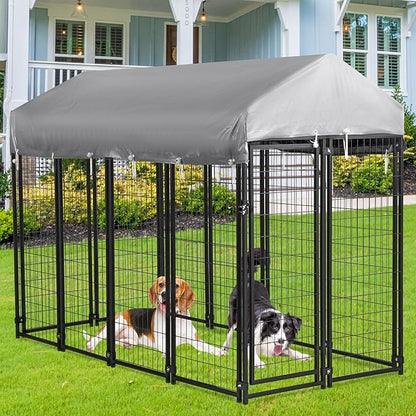 FDW 8 x 4 x 6 Ft Dog Kennel Outdoor Welded Wire Heavy Duty Playpen Dog Crate Cage with Waterproof Cover Roof and UV Resistant Pet Kennel Fence with Secure Lock, Black