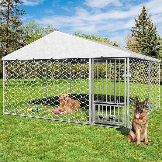 10x10 ft Dog Kennel Outdoor - Outside Dog Kennel with Roof, Large Outdoor Kennel with Rotating Feeder Bowls, Covered Dog Run Kennel for Large Dogs