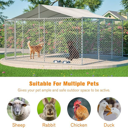 Large Outdoor Dog Kennel, Heavy Duty Galvanized Steel Dog Enclosure, Chicken Coop w/ Waterproof UV-Resistant Cover, Lockable Door Chain Link for Small & Large Pets, Backyard-177.6"L x 177.6"W x 91.2"H