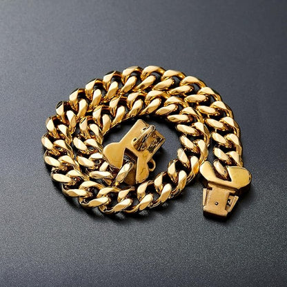 15mm Wide Strong Stainless Steel Bone Style Buckle Gold Dog Chain Collar,18K Gold Plated Cuban Link Chain Dog Necklace Collar for Small Medium Dogs - 16''