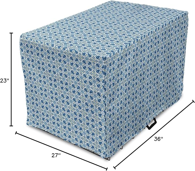 Lunarable Yellow and Blue Dog Crate Cover, Portuguese Traditional Tiles Abstract Mosaic Floral Swirl Motifs, Easy to Use Pet Kennel Cover for Medium Large Dogs, 36 Inch, Blue Orange Yellow