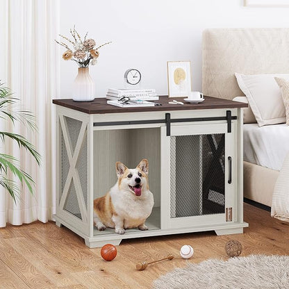 GAOMON 37'' Sliding Barn Door Dog Crate Furniture with Flip Top and Movable Divider, Wooden Dog Crate Table, Dog Kennel Side End Table, Furniture Style Large Dog House, White