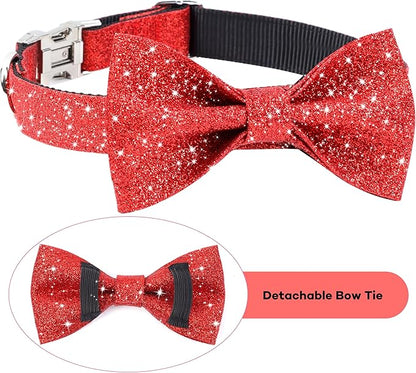 Red Dog Collar with Bow, Bling Bowtie Dog Collar for Small Medium Dogs, Cute Walking Boy and Girl Dog Collar (Neck fit 13-19’’)