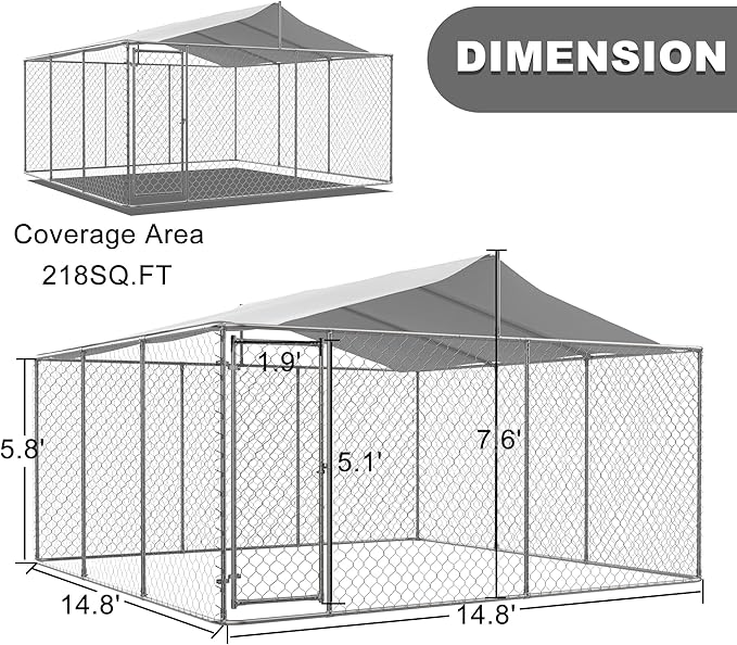Outdoor Dog Kennel Dog Crate with Lockable Swing Gate,Water & UV Resistant Dog Enclosure Outdoor W/Pitched Roof,Heavy Duty Dog Pens Dog House Outside for Large Dogs,Gray(178"x178")