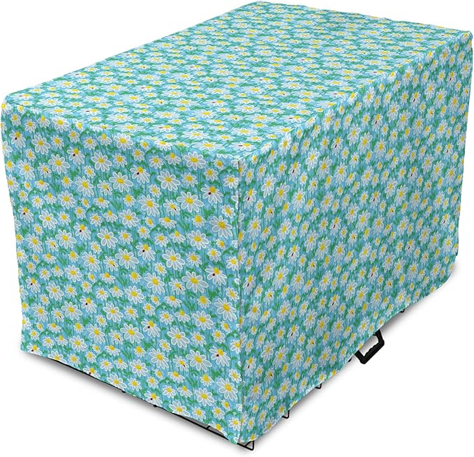 Lunarable Yellow and Blue Dog Crate Cover, Meadow Art Pattern with Ladybirds and Chamomile Daisy Blossoms, Easy to Use Pet Kennel Cover for Medium Large Dogs, 42 Inch, Aqua White Marigold