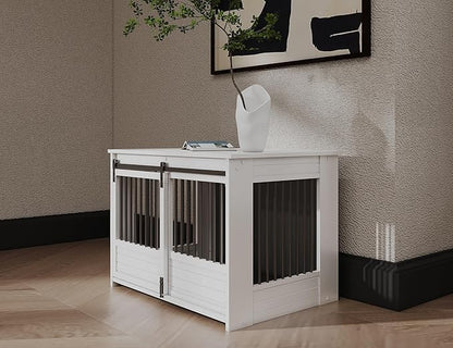 New Age Pet ECOFLEX Barn Door Dog Crate End Table - Antique White, Large - Durable Wood Plastic Composite with Stainless Steel Latch, Easy Assembly, 10 Year Warranty