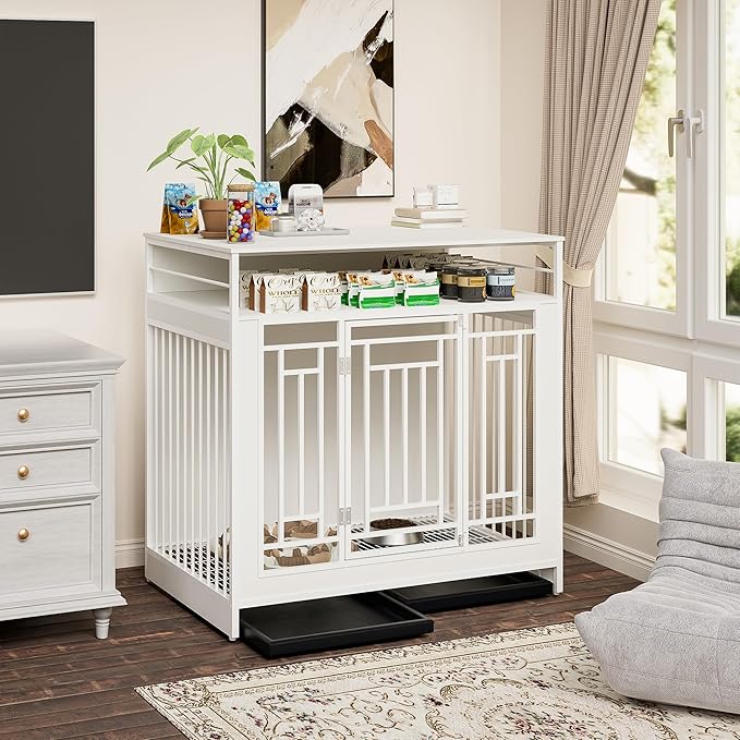 KEIKI Large Dog Crate End Table, Heavy Duty Dog Crate with Drawers, Decorative Indoor Furniture, 43.3" L x 29.5" W x 43.3" H, White
