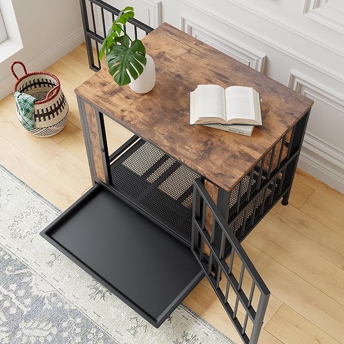 Ball & Cast 27.48" Wooden Dog Kennel with 2 Sliding Doors,Decorative Pet Crate Furniture with Pull-Out Tray,Thick Iron Frame Indoor Dog Cage for Small Dogs,Easy Assembly,Rustic Brown