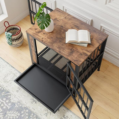 Ball & Cast 27.48" Wooden Dog Kennel with 2 Sliding Doors,Decorative Pet Crate Furniture with Pull-Out Tray,Thick Iron Frame Indoor Dog Cage for Small Dogs,Easy Assembly,Rustic Brown