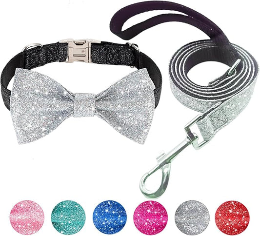 Bling Bow Tie Dog Collar and Leash Set, Cute Black Boy Dog Collar with Bow and 5ft Leash for Small Medium Dogs Daily Walking or Holiday Party (Neck fit 11-16’’)