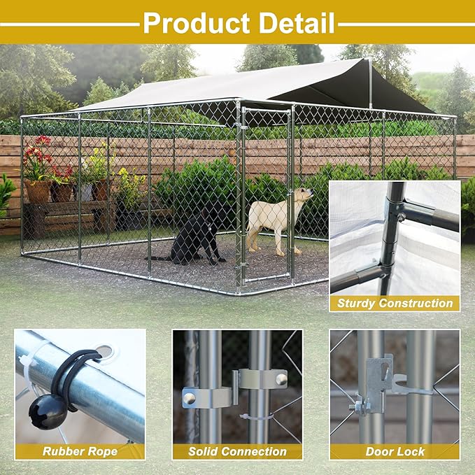 Large Outdoor Dog Cage with UV and Waterproof Cover,Metal Galvanized Rustproof Outdoor Puppy Fence,W/Security Door,Heavy Duty Kennel for Farm & Garden,Silver 13.1'Lx13.1'Wx5.8'H