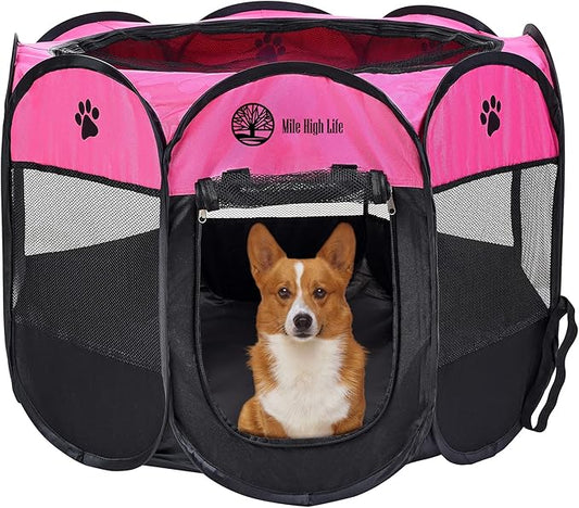 Mile High Life | Foldable Dog Playpen | Portable Dog Crate w Removable Shade Cover | Dog Kennel Indoor/Outdoor w Carry Case | Pen Tent for Dog/Cat/Rabbit(Hot Pink, Medium (36"x36"x23"))