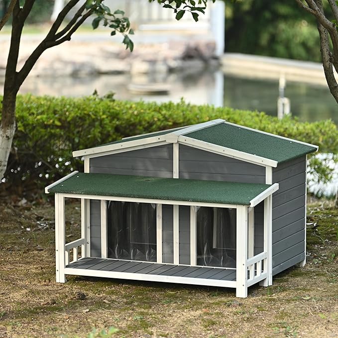 YOTPO 47.2" Wooden Indoor & Outdoor Medium Dog House with Porch Door and Removable Curtain,Pet Kennel with Weatherproof Solid Wood,for Yard,Garden,Living Room,Villa,Gray