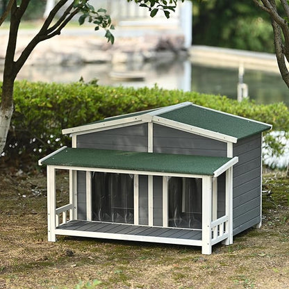 YOTPO 47.2" Wooden Indoor & Outdoor Medium Dog House with Porch Door and Removable Curtain,Pet Kennel with Weatherproof Solid Wood,for Yard,Garden,Living Room,Villa,Gray