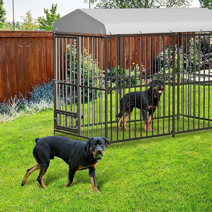 Large Outdoor Dog Kennel with Waterproof Cover, Large Dog House with Feeding Doors, Heavy Duty Dog Enclosures for Garden Backyard Courtyard（8×4×6FT）