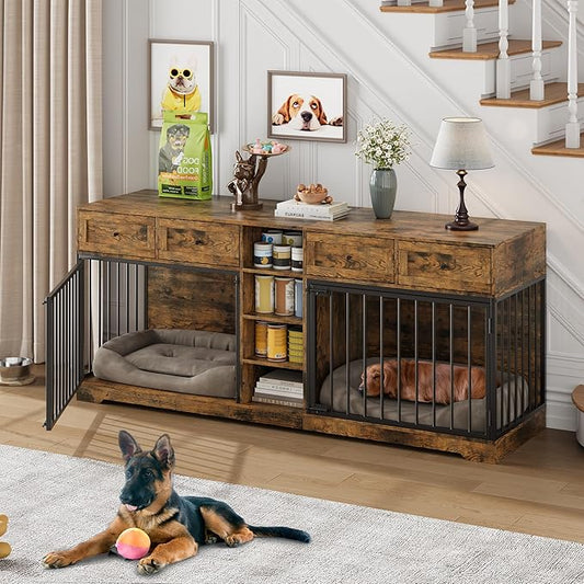 IDEALHOUSE 82” Large Dog Crate for 2 Dogs, Dog Kennel Indoor with 4 Drawers and Shelves, Double Dog Crate Furniture TV Stand, Wooden Dog Cage for Medium Large Dogs, Brown