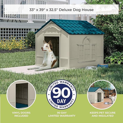Suncast Deluxe Dog House for Dogs up to 100 Pounds with Removable Roof, Vents, Crowned Channeled Floor, and Personalization Labels, Taupe/Blue