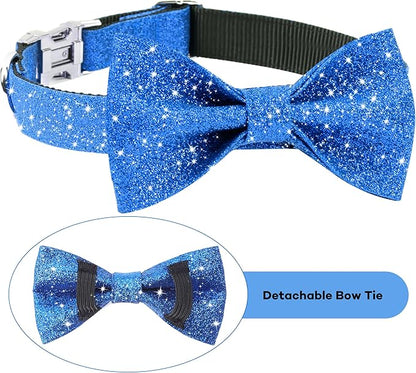 Blue Boy Dog Collar with Bow, Bling Male Bowtie Dog Collar for Puppy Small Dogs and Cats, Cute Dog Collar for Daily Walking or Holiday Party (Neck fit 9-12’’)