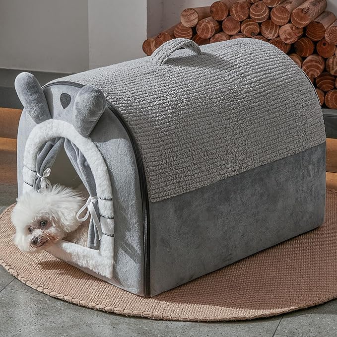 Jiupety Small Dog House Indoor, Dog Cave with Door Curtain Design, Puppy House with Reversible Washable Cushion, M Size Portable Pet Cave for Small Dogs Up to 12 Lbs, Non-Slip Bottom, Grey