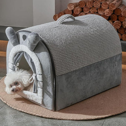 Jiupety Small Dog House Indoor, Dog Cave with Door Curtain Design, Puppy House with Reversible Washable Cushion, M Size Portable Pet Cave for Small Dogs Up to 12 Lbs, Non-Slip Bottom, Grey