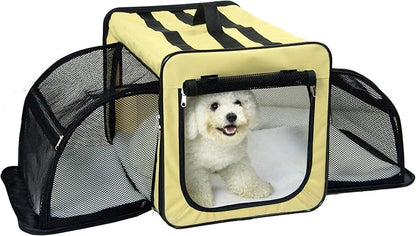 PET LIFE 'Capacious' Dual-Sided Expandable Spacious Wire Folding Collapsible Lightweight Pet Dog Crate Carrier House, Medium, Khaki