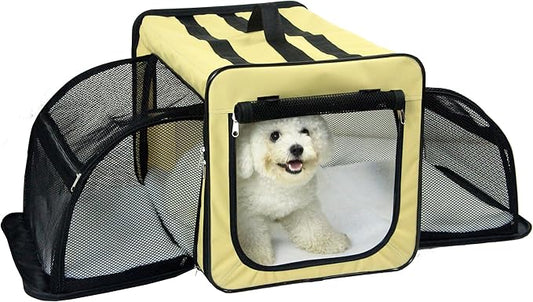PET LIFE 'Capacious' Dual-Sided Expandable Spacious Wire Folding Collapsible Lightweight Pet Dog Crate Carrier House, Medium, Khaki