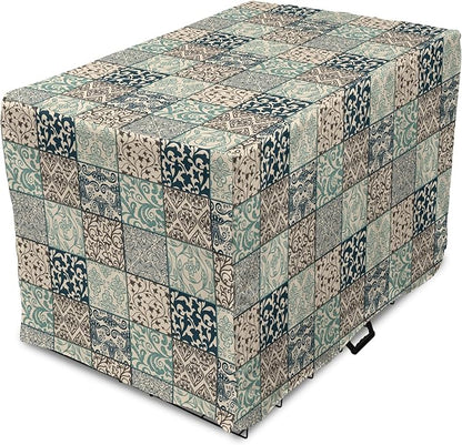 Lunarable Geometric Dog Crate Cover, Antique Mosaic with Victorian Garden Motifs Damask and Scroll Flower, Easy to Use Pet Kennel Cover for Cats & Medium Dogs, 24 Inch, Seafoam Brown Dark Blue