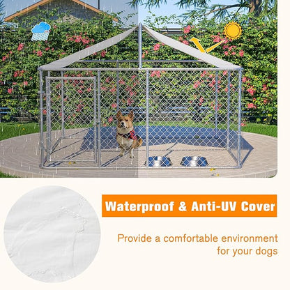 Large Outdoor Dog Kennel, Heavy Duty Galvanized Steel Dog Enclosure, Chicken Coop with Waterproof UV-Resistant Cover, Lockable Door Chain Link for Small & Large Pets, Backyard (90" L x 90" W x 65" H)