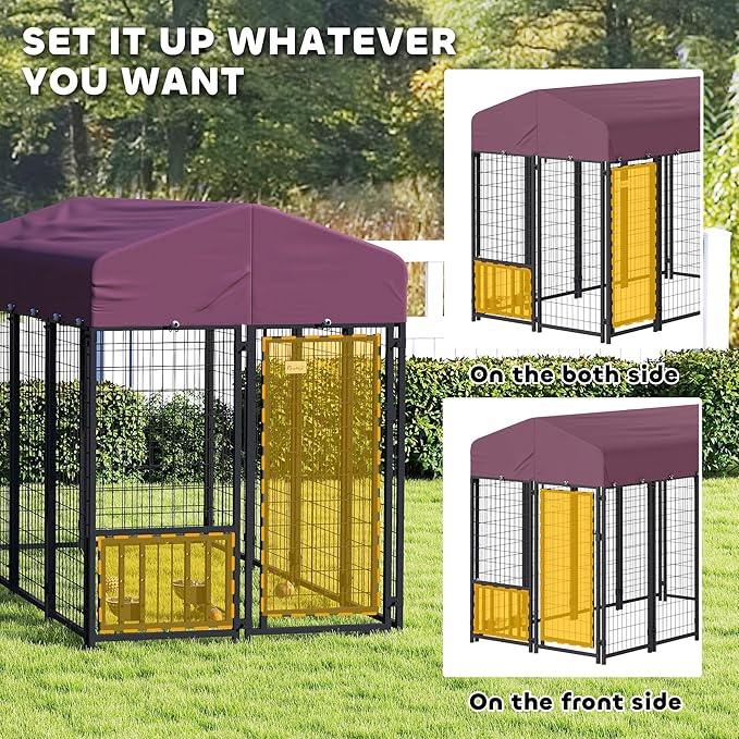 PawHut 7.9' x 4' x 6' Outdoor Dog Kennel, Welded Wire Heavy Duty Dog Run with 360° Rotating & 4 Level Adjustable Bowls, Dog Cage Outside with Waterproof & UV Resistant Cover, for S&M&L Dogs