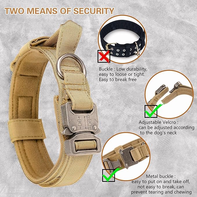 KCUCOP Tactical Dog Collar with Handle,Adjustable Military Dog Collar with Metal Buckle and Patches,Heavy Duty Dog Collars for Medium Dogs (Brown-M)