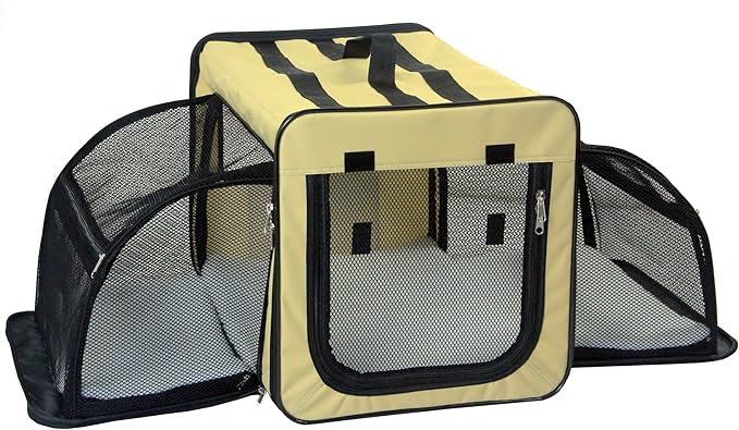 PET LIFE 'Capacious' Dual-Sided Expandable Spacious Wire Folding Collapsible Lightweight Pet Dog Crate Carrier House, Large, Khaki