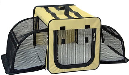 PET LIFE 'Capacious' Dual-Sided Expandable Spacious Wire Folding Collapsible Lightweight Pet Dog Crate Carrier House, Medium, Khaki