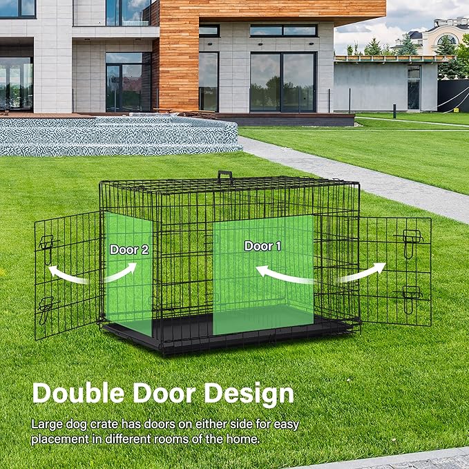 Furniture of America Yucca Metal Double Door Folding Wire Pet Crate with Divider, Removable Tray, and Handle for Outdoor and Indoor Medium Dog, 42-inch, Black