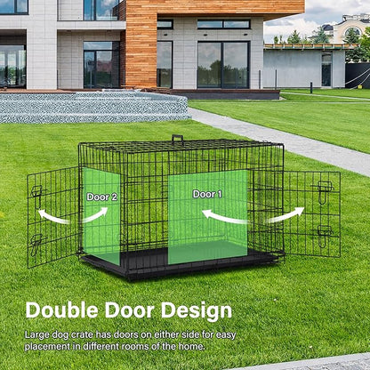 Furniture of America Yucca Metal Double Door Folding Wire Pet Crate with Divider, Removable Tray, and Handle for Outdoor and Indoor Medium Dog, 42-inch, Black