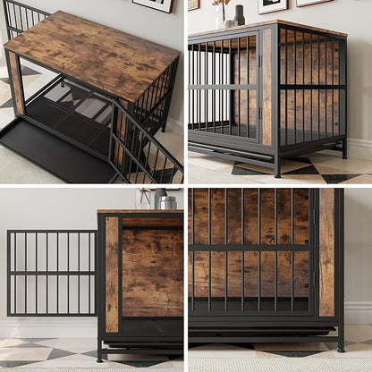 Ball & Cast 38.9" Wooden Dog Kennel with 2 Sliding Doors,Decorative Pet Crate Furniture with Pull-Out Tray,Thick Iron Frame Indoor Dog Cage for Small Dogs,Easy Assembly,Rustic Brown