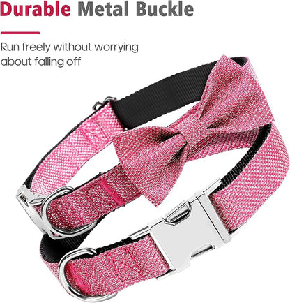 Dog Collar with Bow for Small Medium Large Dogs, Cute Bling Dog Bow Tie Collar with Metal Buckle, Soft & Durable for Large Dogs Walking (Dark Pink, L)