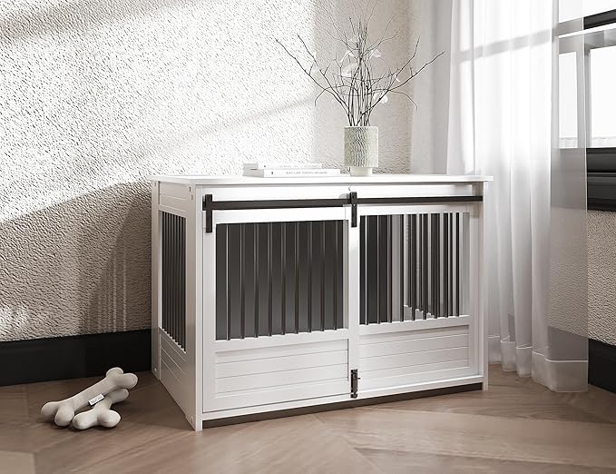 New Age Pet ECOFLEX Barn Door Dog Crate End Table - Antique White, X-Large - Durable Wood Plastic Composite with Stainless Steel Latch, Easy Assembly, 10 Year Warranty