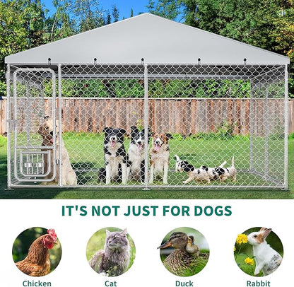 DWVO 10'x10' Large Outdoor Dog Kennel with Rotating Feeder Bowls, Outdoor Dog Pens with Roof, Heavy Duty Dog Cage for Large Dogs