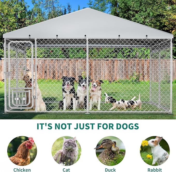 YITAHOME 10'x10' Large Outdoor Dog Kennel with Rotating Feeder Bowls, Outdoor Dog Enclosure with Roof, Heavy Duty Dog Cage for Large Dogs