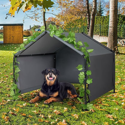 Large Dog Shade Shelter Outdoor Tent Dog House for Large Medium Dogs, Outside Sun Rain Canopy Pet House for Homeless Cats Pigs Livestock with Rainproof Cover with Artificial Grapevine Leaves