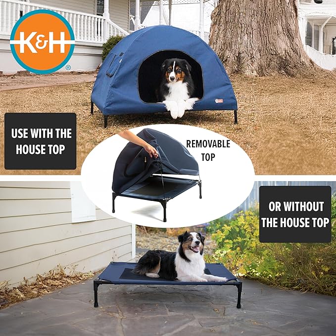 K&H Pet Products Pet Cot House for Medium Dogs, Outdoor Elevated Dog Cot House, Enclosed Canopy, Window Flaps for Air Flow, Washable Cover, Raised Metal Frame, Collapsible - Medium 32 X 25in Blue