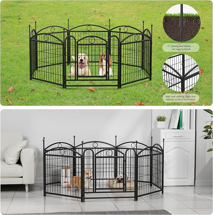 24" H Dog Crate Dog Playpen 8 Panels Furniture Heavy Duty Dog Fence Door with Side Openings,for Large Medium Small Dogs Indoor Outdoor Foldable Pet Exercise Pen,Black