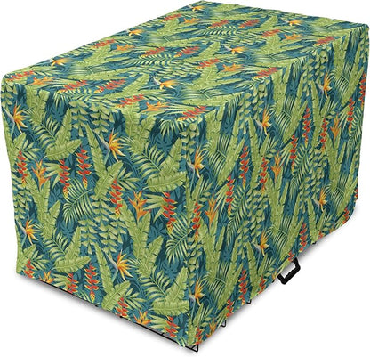 Lunarable Tropical Dog Crate Cover, Exotic Bird of Paradise Blossoms Banana and Areca Fan Palm Leaves, Easy to Use Pet Kennel Cover for Cats & Medium Dogs, 30 Inch, Yellow Green and Dark Teal