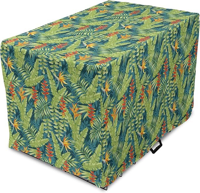 Lunarable Tropical Dog Crate Cover, Exotic Bird of Paradise Blossoms Banana and Areca Fan Palm Leaves, Easy to Use Pet Kennel Cover for Small Dogs Puppies Kittens, 18 Inch, Yellow Green and Dark Teal