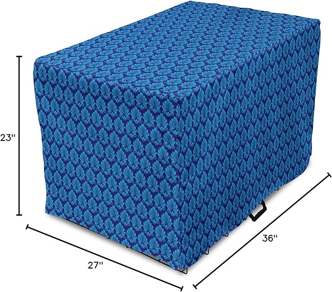 Lunarable Damask Blue Dog Crate Cover, Repeating Simplistic Pattern Rococo Inspired Royalty Essential Motif, Easy to Use Pet Kennel Cover for Medium Large Dogs, 36 Inch, Indigo and Sky Blue