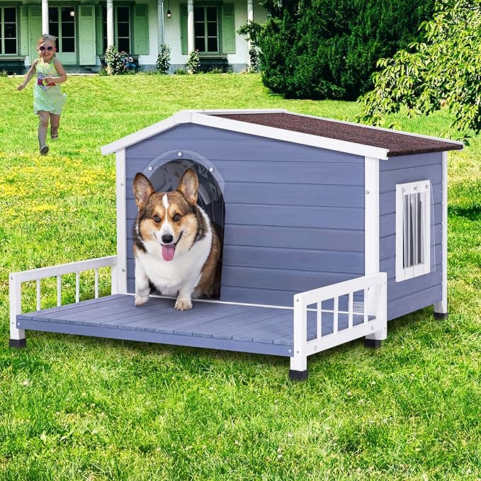 Wooden Dog House with Detachable Patio and Open Waterproof Asphalt Roof,Outdoor Dog Kennel W/Side Window,Front Door Design and PVC Door Curtain,Rainproof & Windproof Dog Cage for Pets,Gray