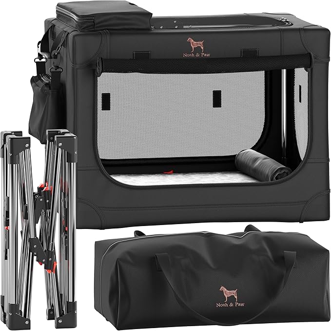 Noah & Paw Collapsible Dog Crate 26 Inch, Small Dog Crate for Small Medium Breeds, Travel Kennel for Car, Including Pet Mat for Pet Cage, 2 Storage Pockets, Handbag, 10mm Locking Zipper 26 * 17 * 17
