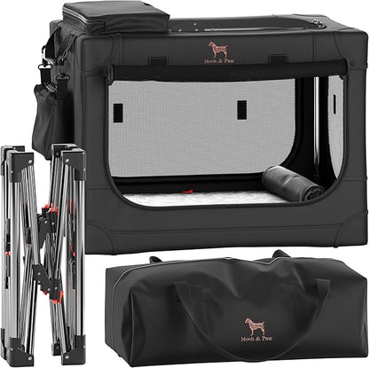 Noah & Paw Collapsible Dog Crate 26 Inch, Small Dog Crate for Small Medium Breeds, Travel Kennel for Car, Including Pet Mat for Pet Cage, 2 Storage Pockets, Handbag, 10mm Locking Zipper 26 * 17 * 17