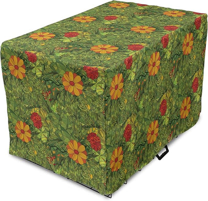 Ambesonne Floral Dog Crate Cover, Funky Flower Foliage Bush with Fractal Retro Jungle Art Design, Easy to Use Pet Kennel Cover for Medium Large Dogs, 42 Inch, Olive Green